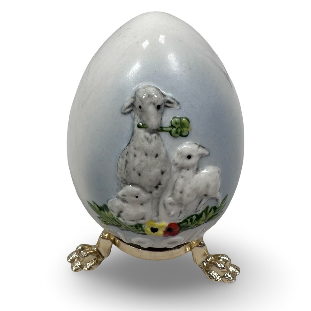 Goebel 1994 Annual Easter Egg Sheep Lamb Relief Ceramic Germany Gold Stand Gray